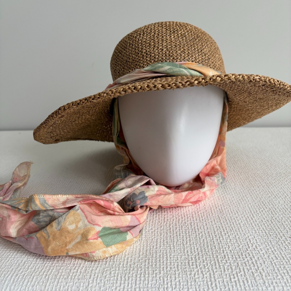 Vintage Straw Sun Hat Floral Scarf Tie Wide Brim One Size Brown